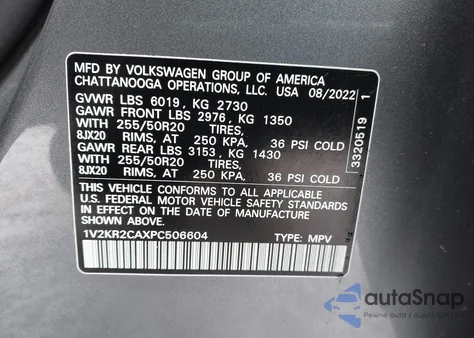 2023 Volkswagen Atlas 3.6L V6 Se W/Technology z USA, uszkodzony, nr VIN 1V2KR2CAXPC506604